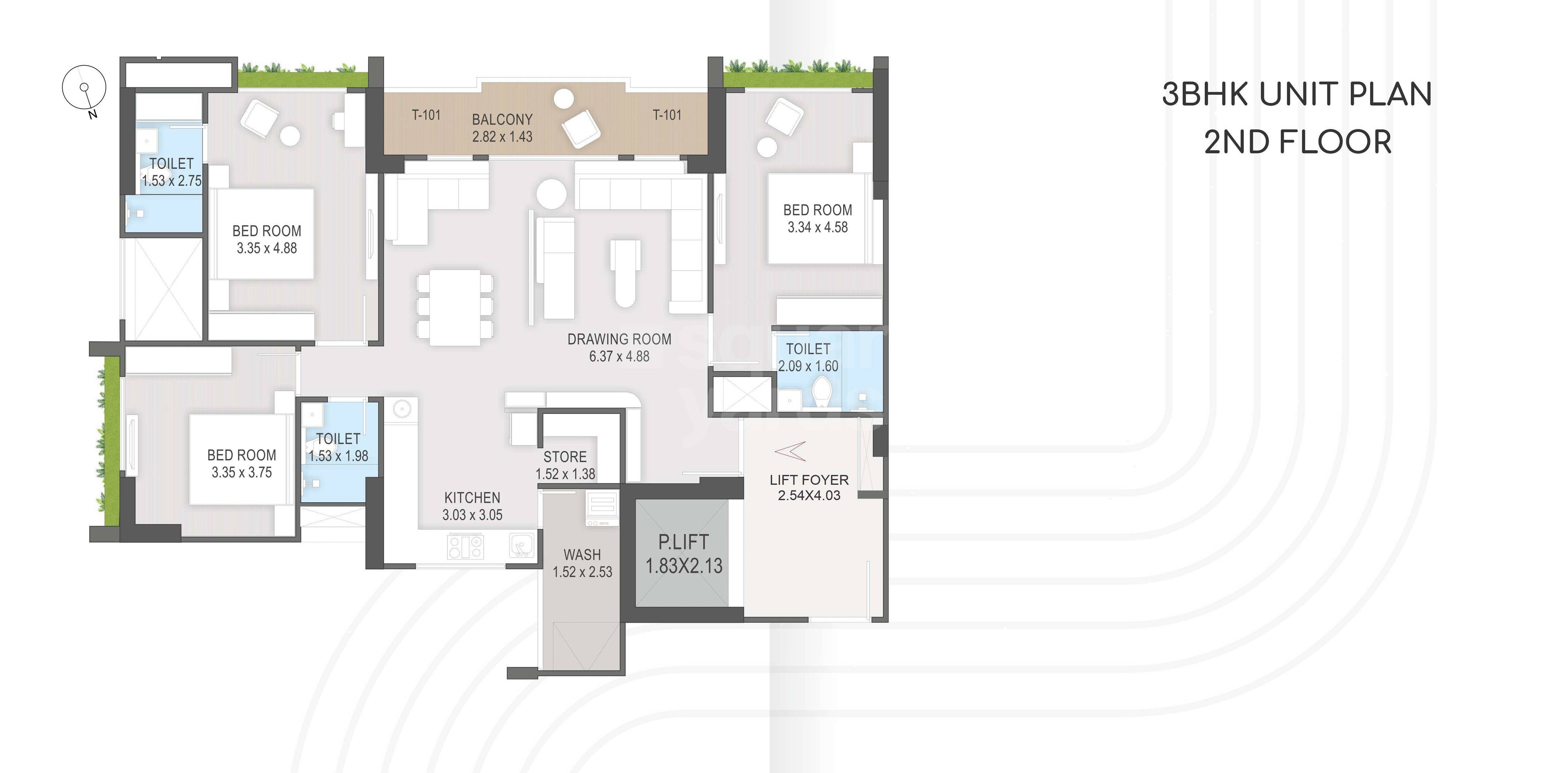 Floor plan of 3 BHK 1230 Sq. Ft. Apartment in Tremont Adleap, Ahmedabad