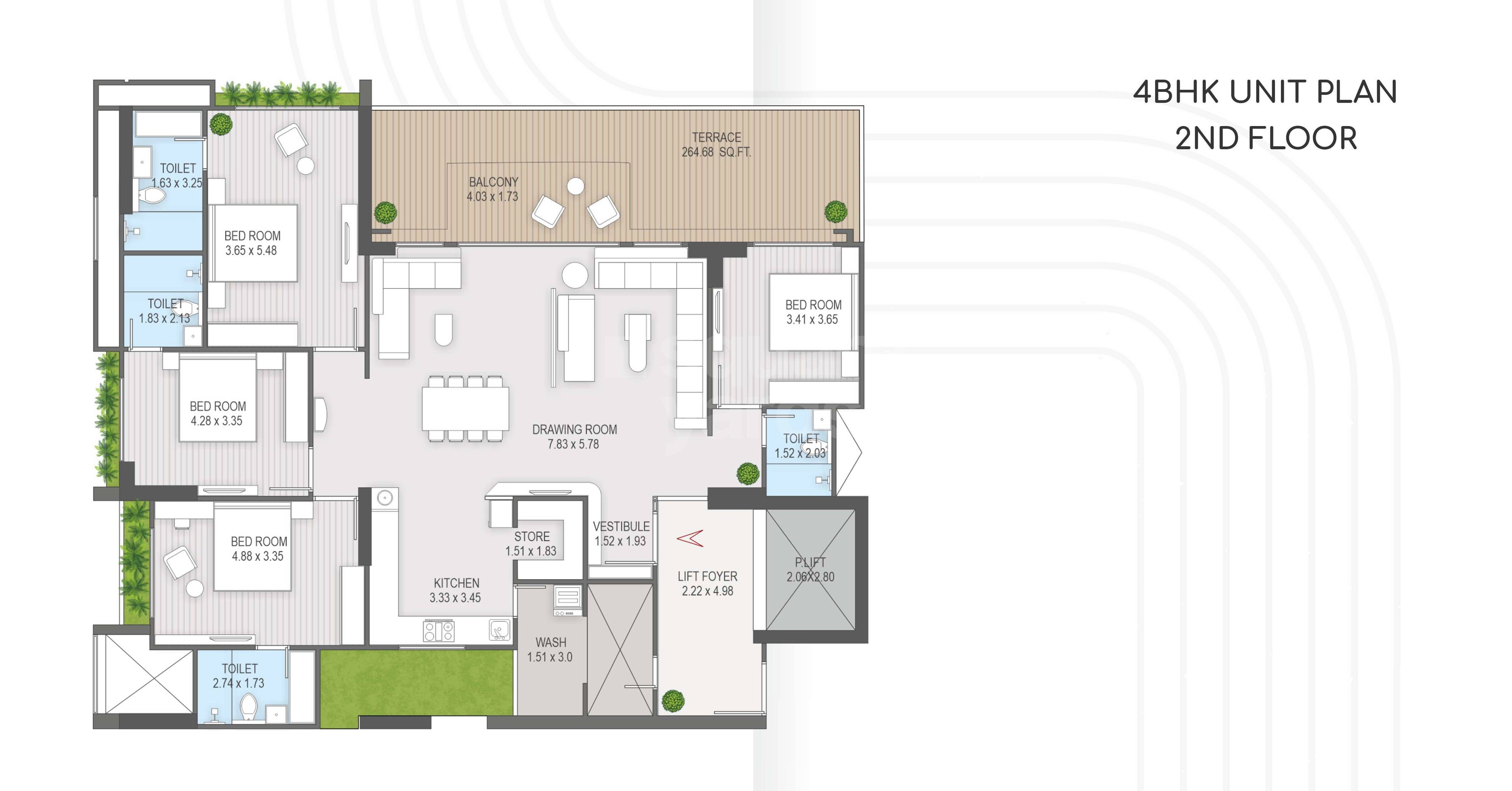 Floor plan of 4 BHK 1793 Sq. Ft. Apartment in Tremont Adleap, Ahmedabad