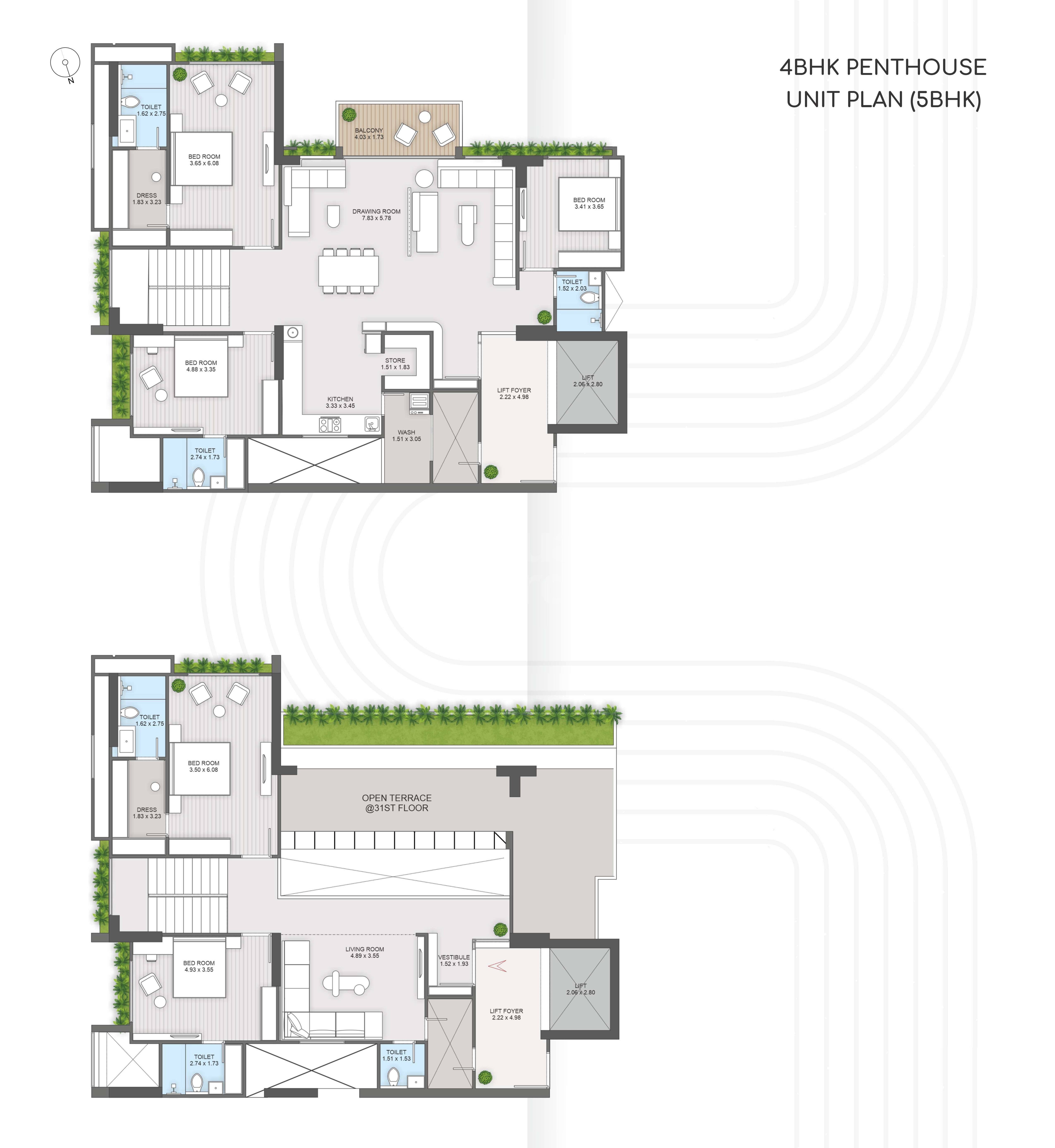 Floor plan of 5 BHK 3037 Sq. Ft. Penthouse in Tremont Adleap, Ahmedabad