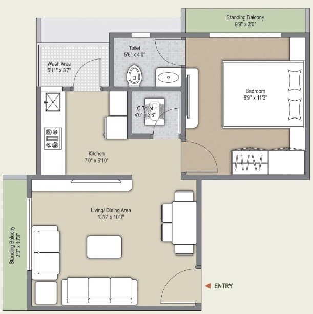 Floor plan of 1 BHK 499 Sq. Ft. Apartment in Trilokesh Gulmohar Nirvana, Ahmedabad