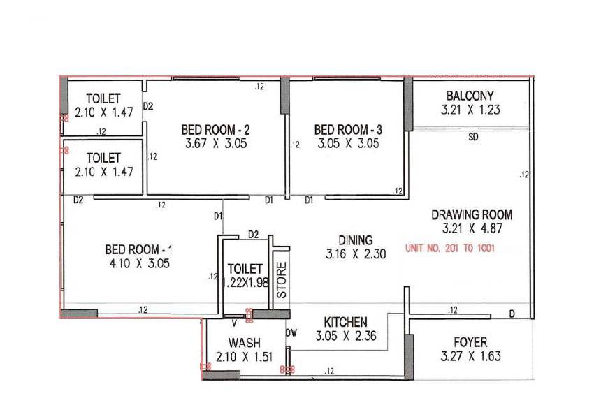 Floor plan of 3 BHK 837 Sq. Ft. Apartment in Tulsi Paradise, Ahmedabad