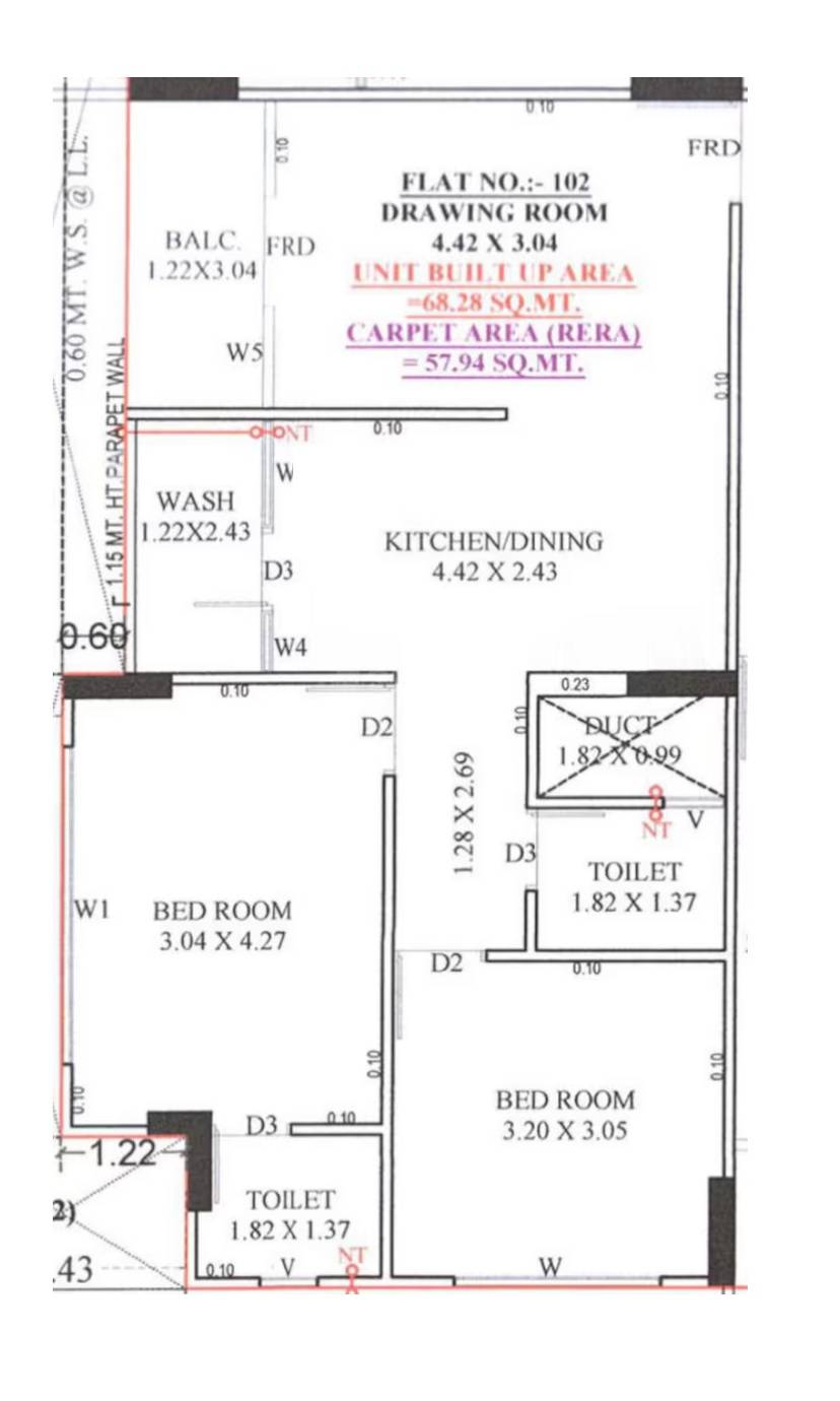 Floor plan of 2 BHK 623 Sq. Ft. Apartment in Uma Shlok 99, Ahmedabad