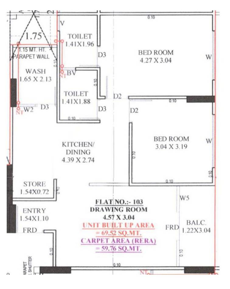 Floor plan of 2 BHK 643 Sq. Ft. Apartment in Uma Shlok 99, Ahmedabad