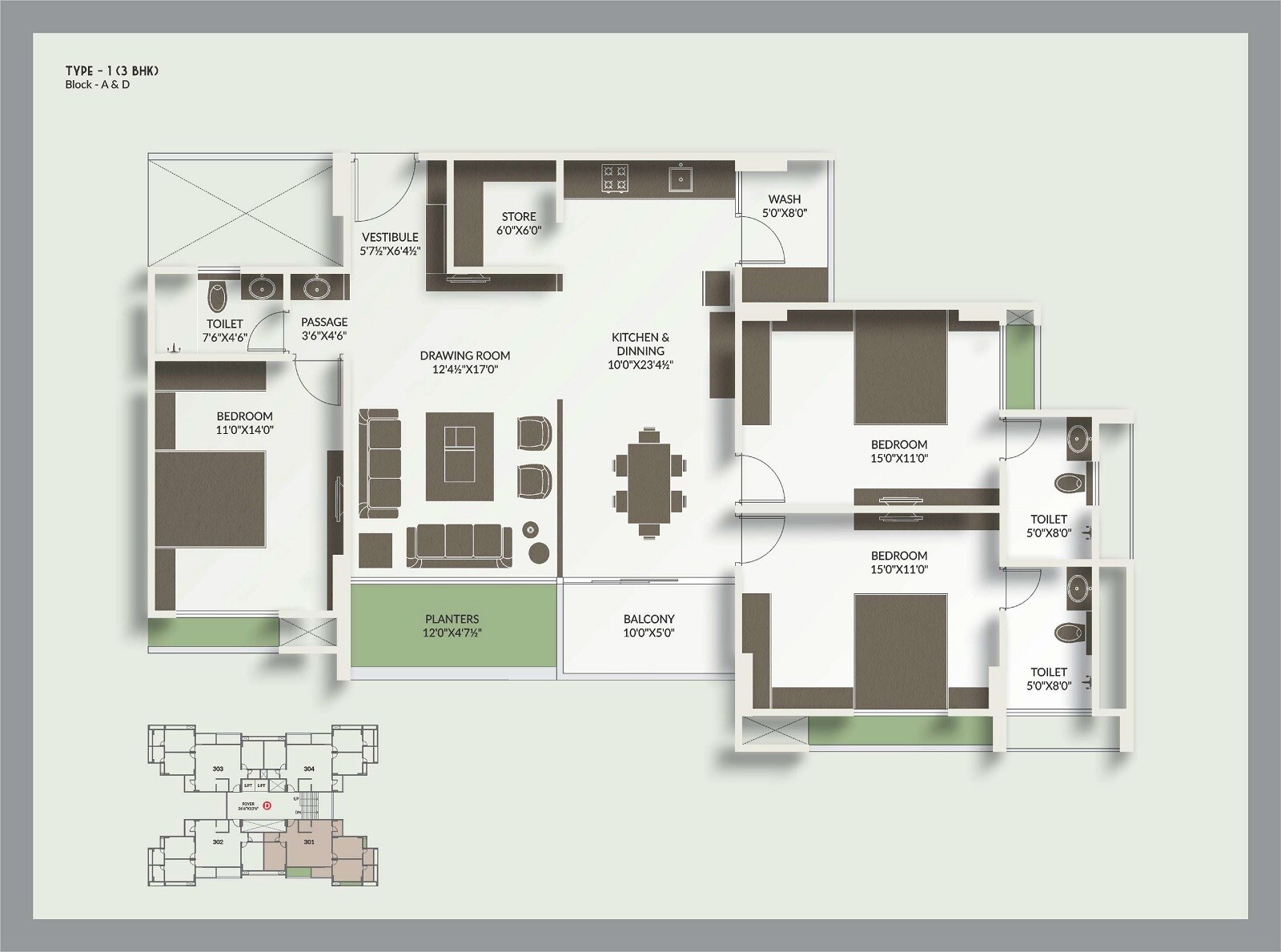 Floor plan of 3 BHK 1169 Sq. Ft. Apartment in Unique Luxuria Ahmedabad, Ahmedabad