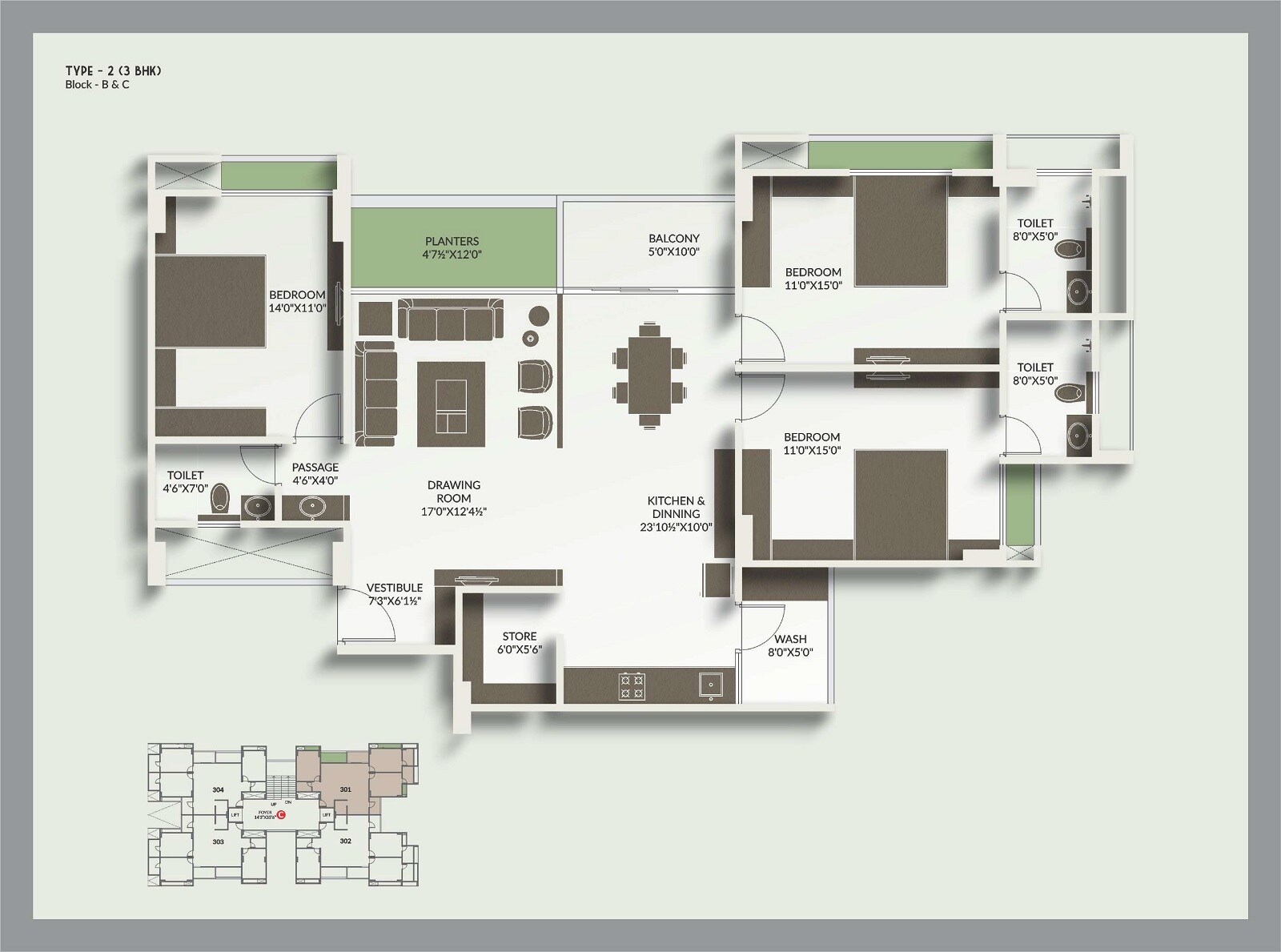 Floor plan of 3 BHK 1187 Sq. Ft. Apartment in Unique Luxuria Ahmedabad, Ahmedabad