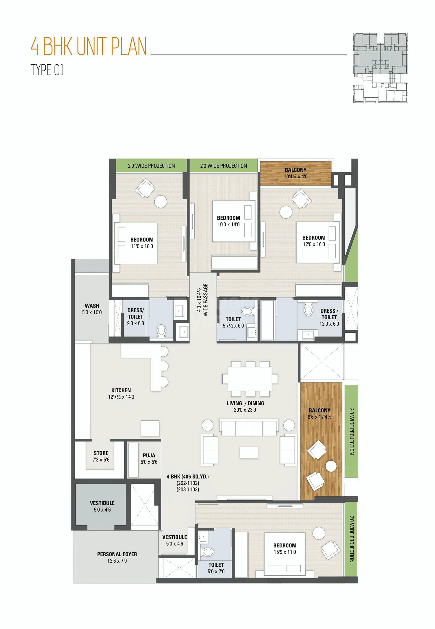 Floor plan of 4 BHK 4374 Sq. Ft. Apartment in Unique Skydeck 36, Ahmedabad