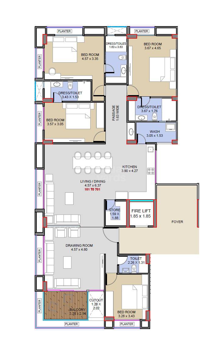 Floor plan of 4 BHK 1816 Sq. Ft. Apartment in Unity Vrundavan 14, Ahmedabad