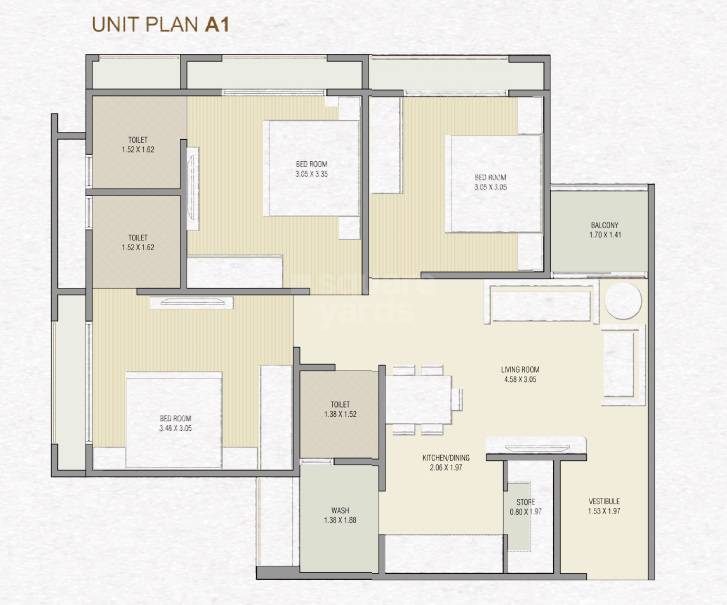 Floor plan of 3 BHK 671 Sq. Ft. Apartment in Upvan Skyline, Ahmedabad