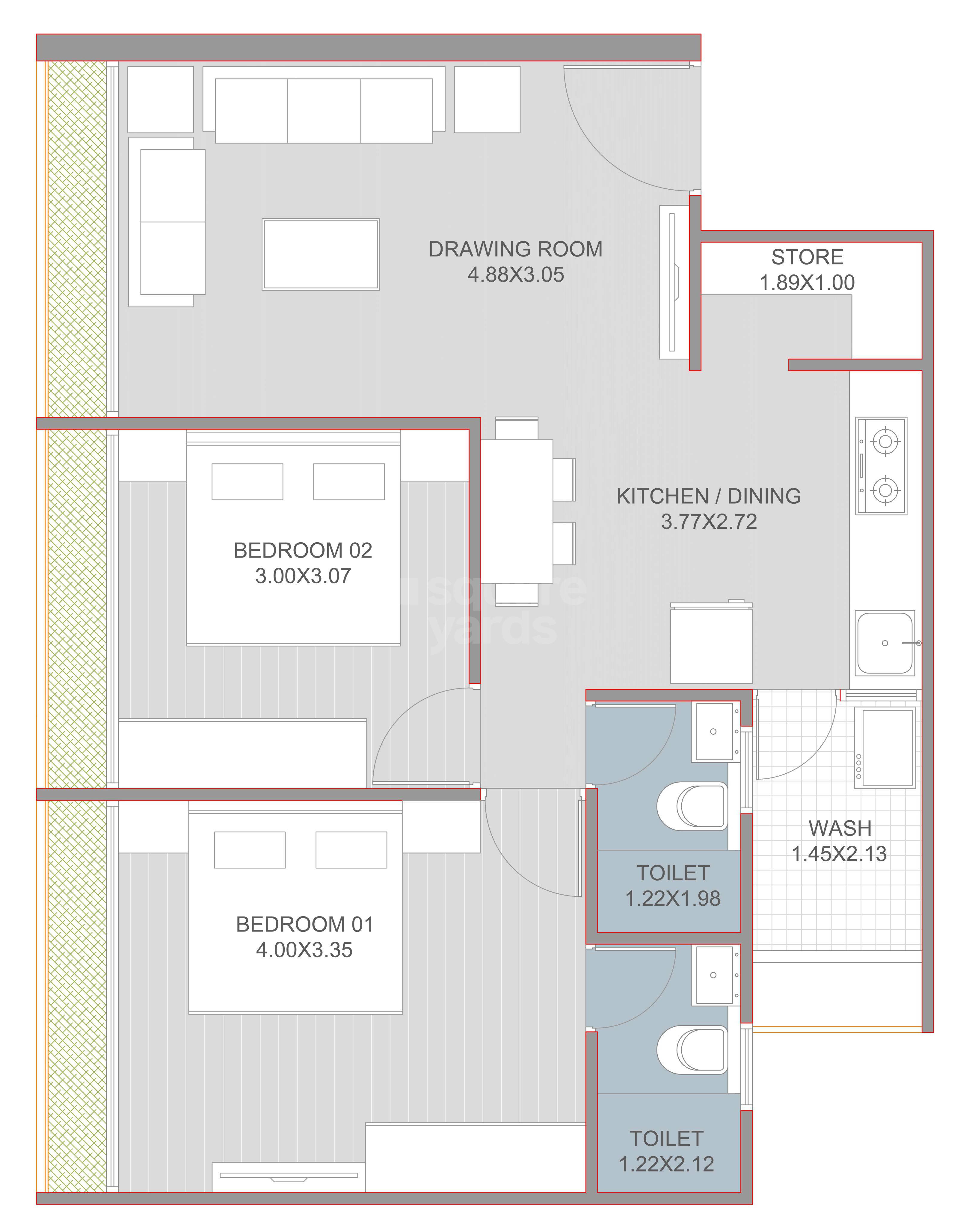 Floor plan of 2 BHK 615 Sq. Ft. Apartment in Vashikaa Embark, Ahmedabad
