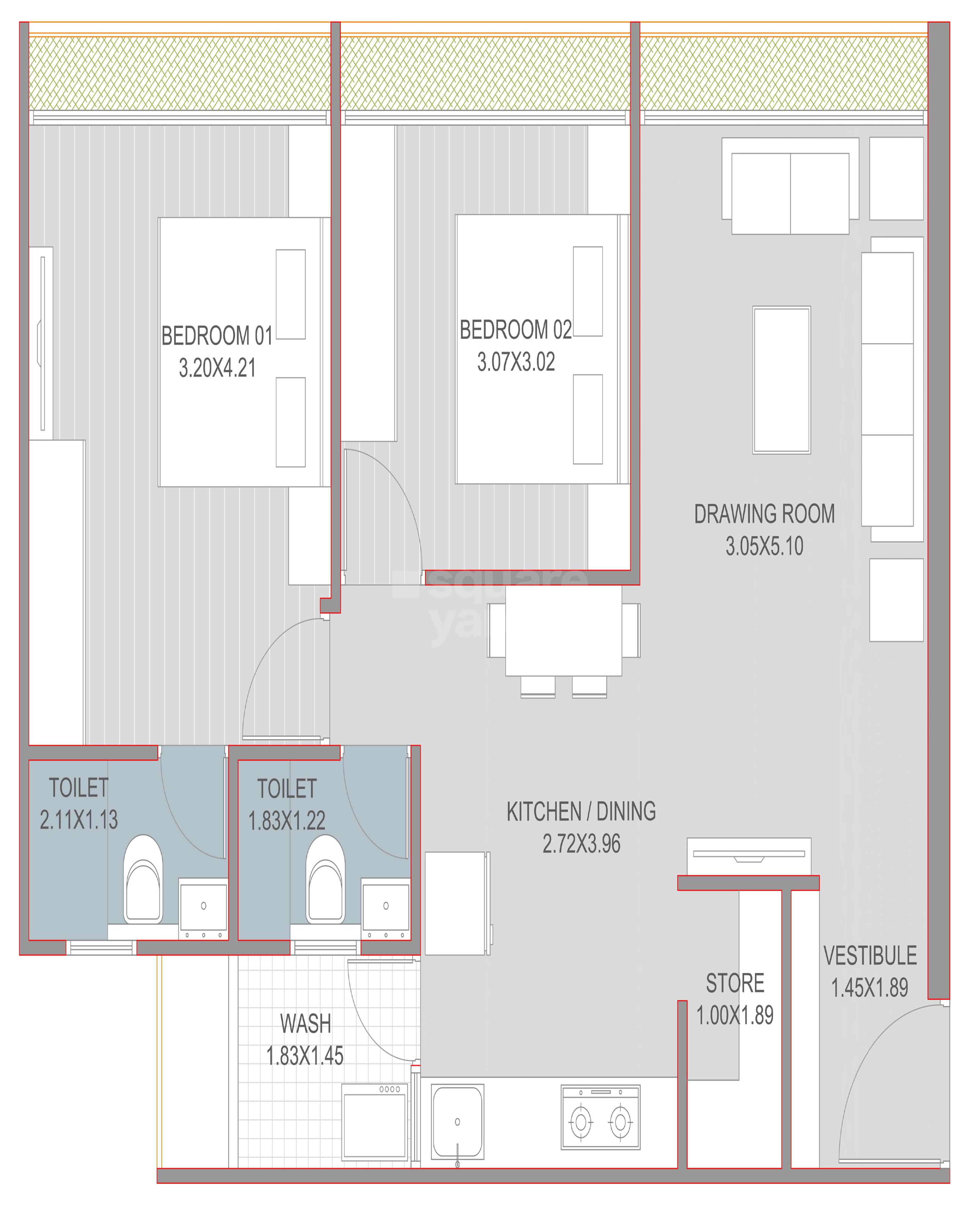 Floor plan of 2 BHK 661 Sq. Ft. Apartment in Vashikaa Embark, Ahmedabad