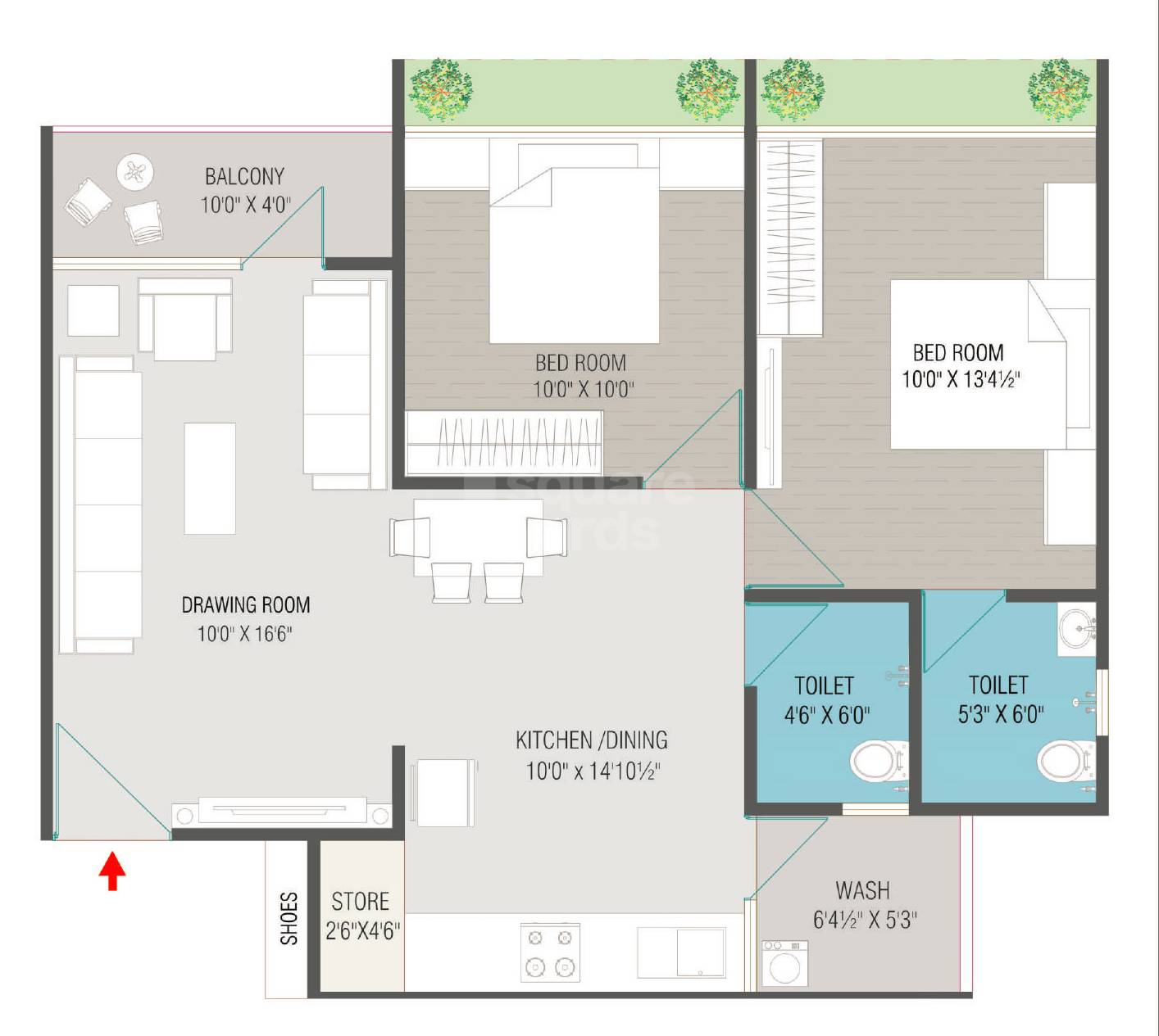 Floor plan of 2 BHK 1395 Sq. Ft. Apartment in Vastu Radhe Parijat, Ahmedabad
