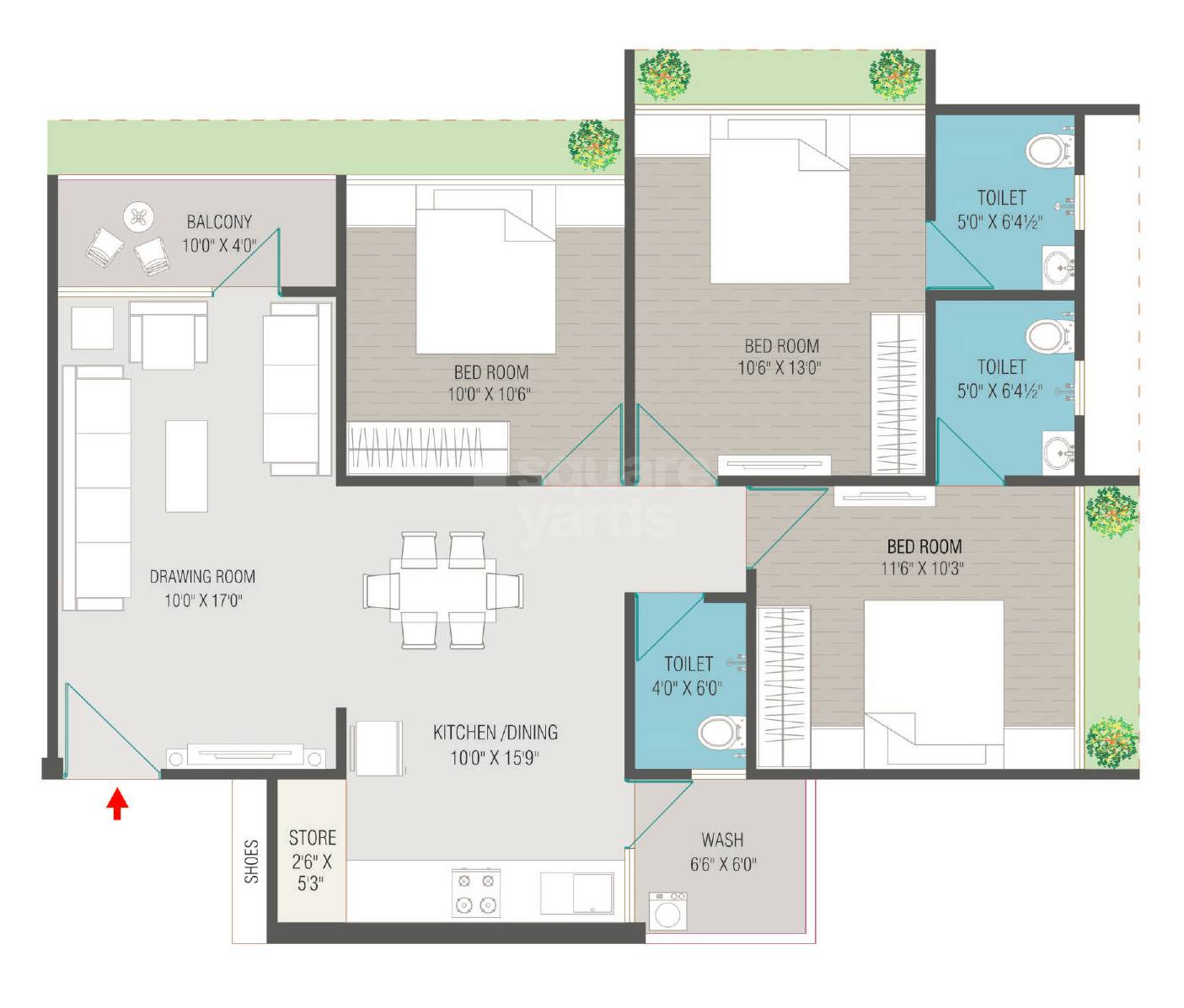 Floor plan of 3 BHK 1800 Sq. Ft. Apartment in Vastu Radhe Parijat, Ahmedabad