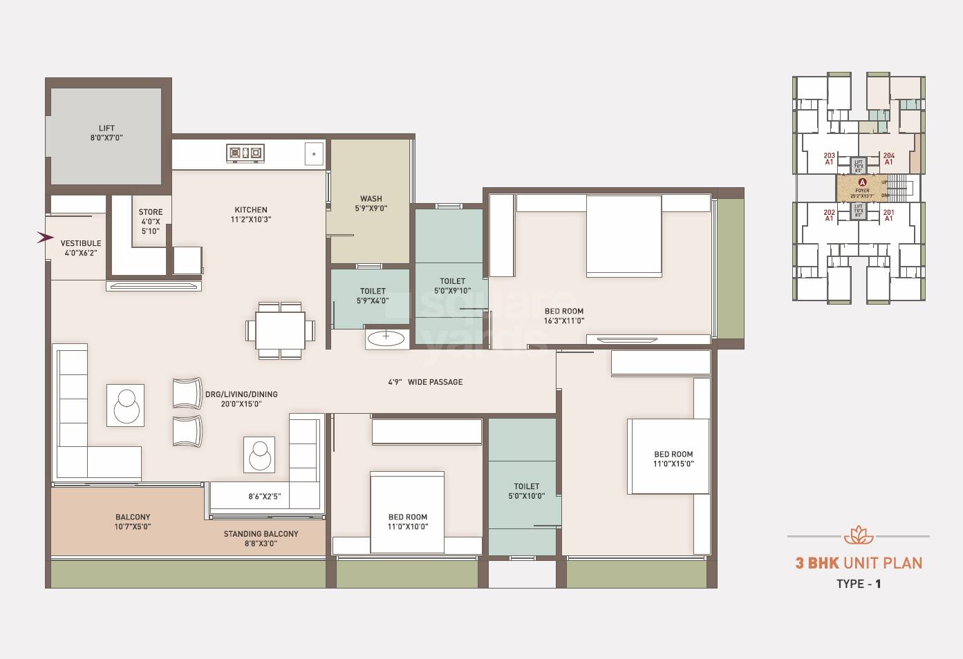 Floor plan of 3 BHK 1195 Sq. Ft. Apartment in Vedant Highend, Ahmedabad