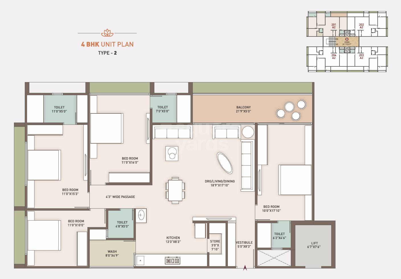 Floor plan of 4 BHK 1405 Sq. Ft. Apartment in Vedant Highend, Ahmedabad