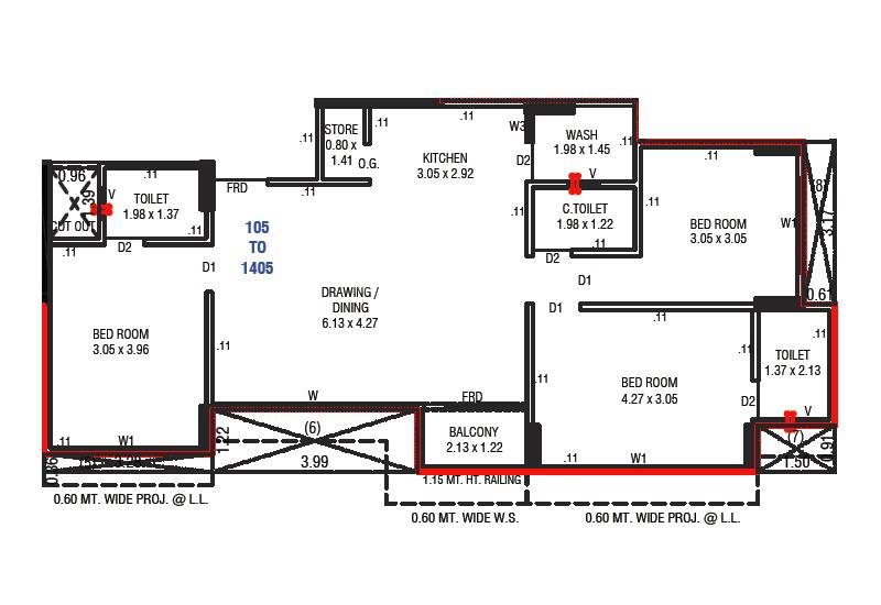 Floor plan of 3 BHK 851 Sq. Ft. Apartment in Vinayak Elysium, Ahmedabad