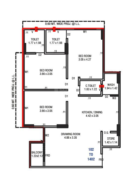 Floor plan of 3 BHK 860 Sq. Ft. Apartment in Vinayak Elysium, Ahmedabad