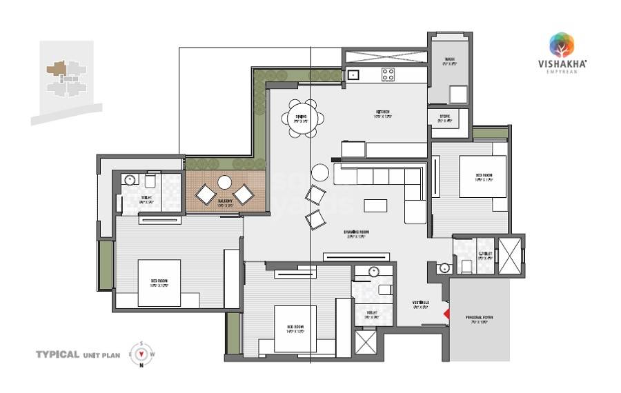Floor plan of 3 BHK 1217 Sq. Ft. Apartment in Vishakha Empyrean, Ahmedabad