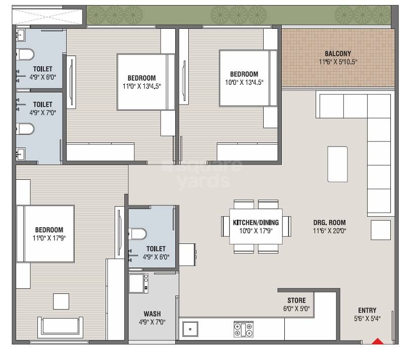 Floor plan of 3 BHK 1160 Sq. Ft. Apartment in Vishakha Exotica, Ahmedabad