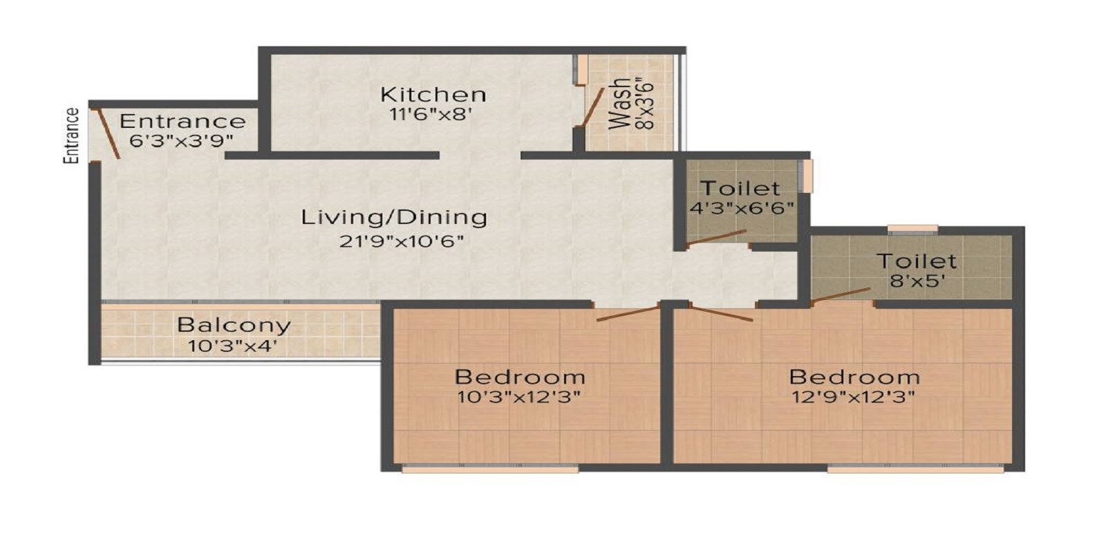 Floor plan of 2 BHK 1075 Sq. Ft. Apartment in Vishwanath Maher Homes, Ahmedabad