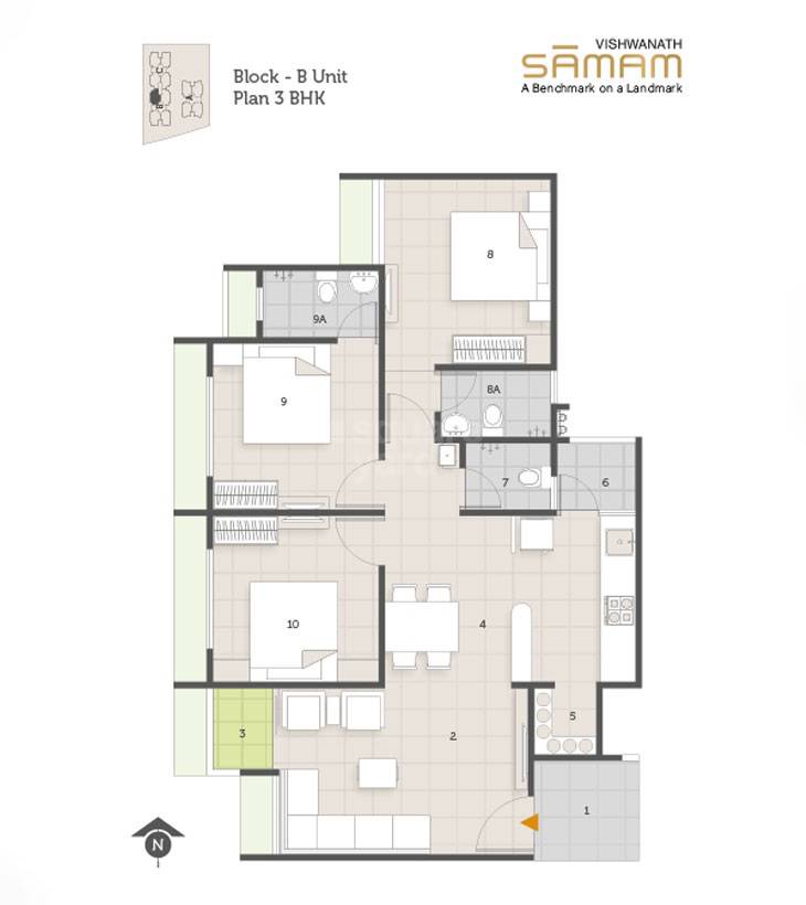 Floor plan of 3 BHK 1500 Sq. Ft. Apartment in Vishwanath Samam, Ahmedabad