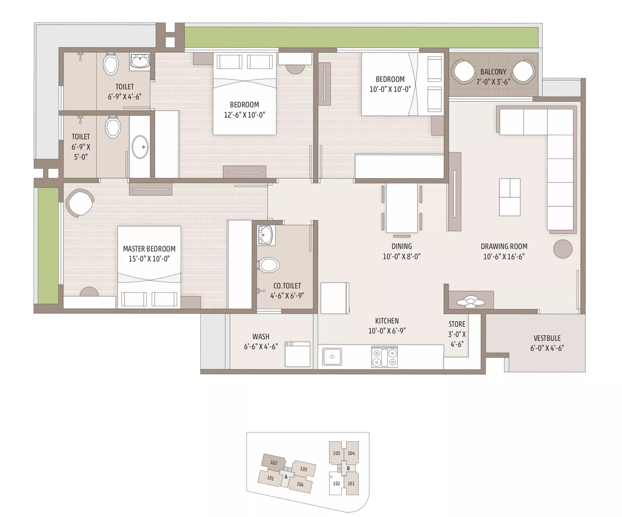 Floor plan of 3 BHK 978 Sq. Ft. Apartment in Vivaan Ixora, Ahmedabad
