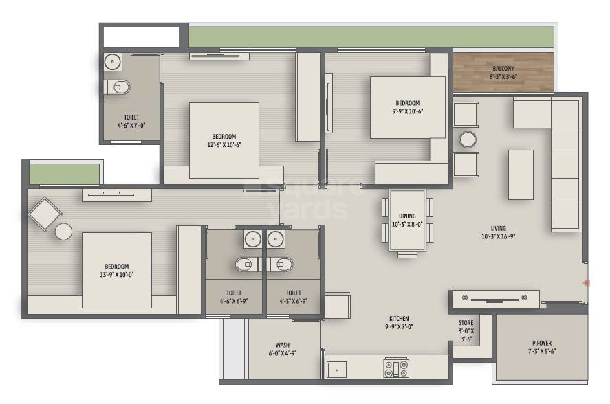 Floor plan of 3 BHK 1836 Sq. Ft. Apartment in Vivaan Oliver, Ahmedabad