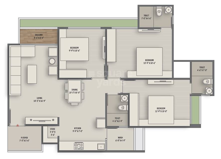 Floor plan of 3 BHK 851 Sq. Ft. Apartment in Vivaan Oliver, Ahmedabad