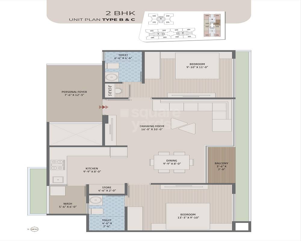Floor plan of 2 BHK 1503 Sq. Ft. Apartment in Vivaan Orbit, Ahmedabad