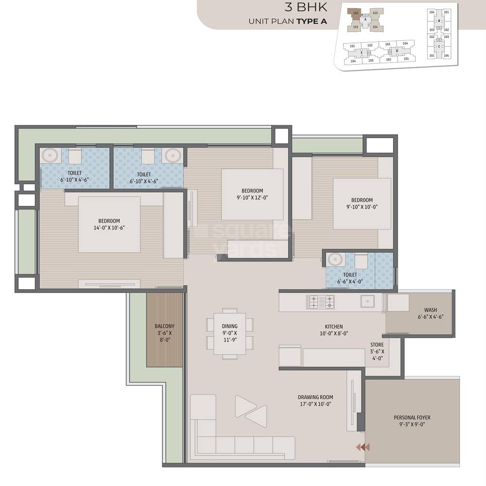 Floor plan of 3 BHK 1917 Sq. Ft. Apartment in Vivaan Orbit, Ahmedabad