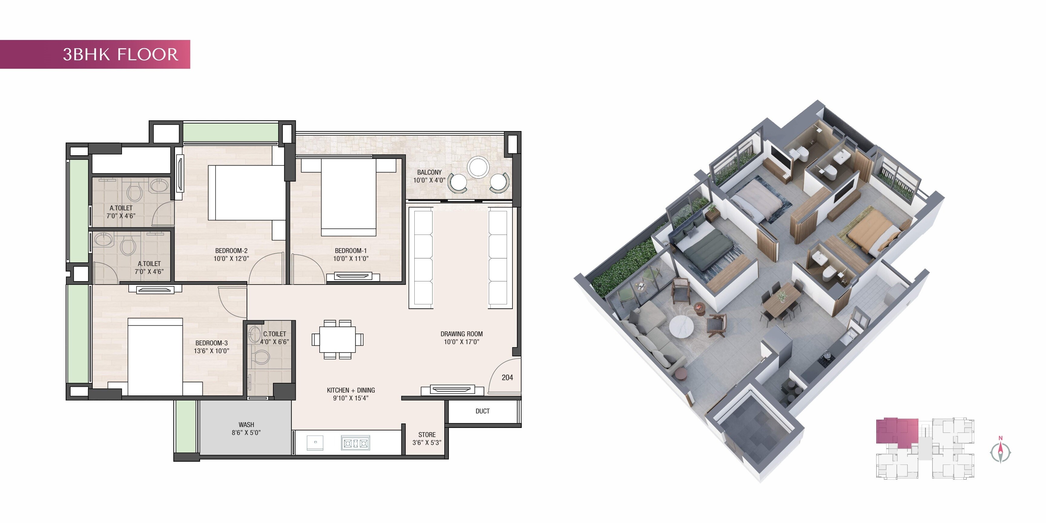 Floor plan of 3 BHK 912 Sq. Ft. Apartment in Vivaan Solitaire, Ahmedabad