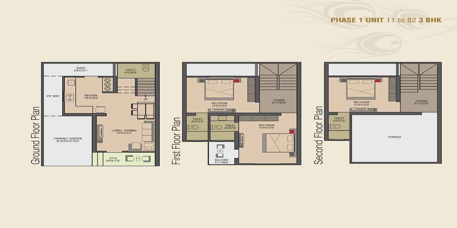 Floor plan of 3 BHK 1259 Sq. Ft. Villa in Vraj Bhoomi, Ahmedabad
