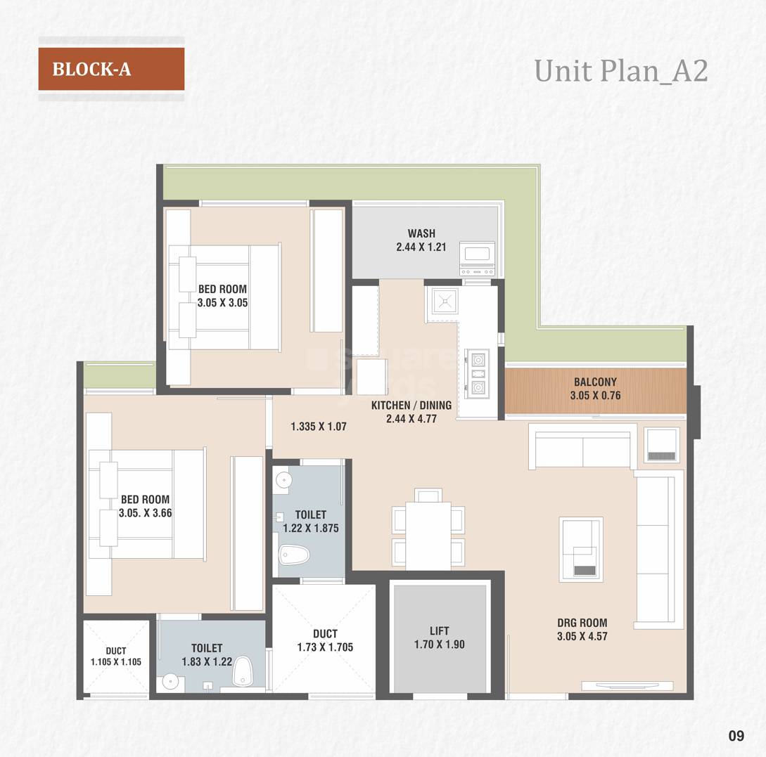 Floor plan of 2 BHK 618 Sq. Ft. Apartment in Vraj Dev Green, Ahmedabad