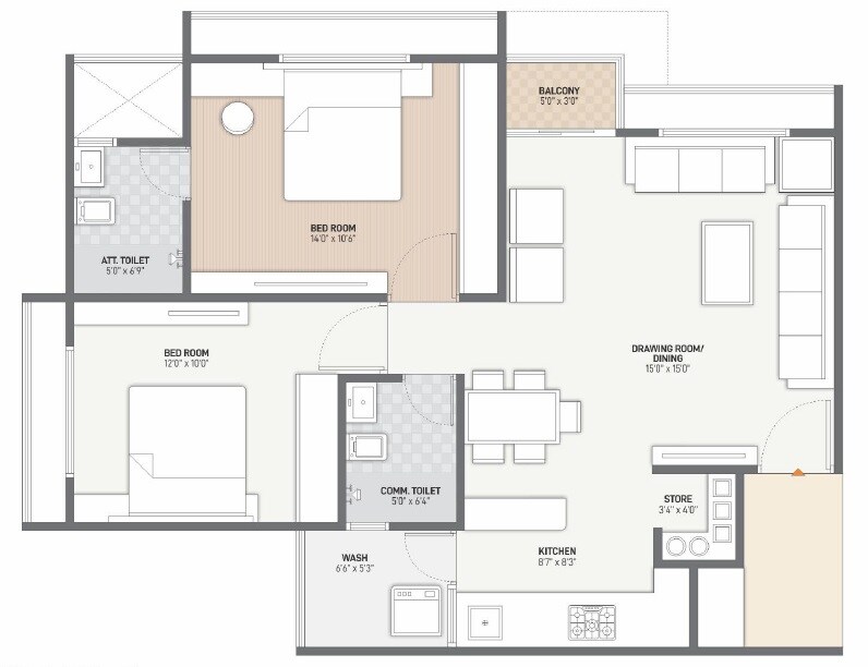 Floor plan of 2 BHK 703 Sq. Ft. Apartment in Vraj Sapphire, Ahmedabad