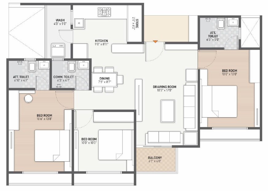 Floor plan of 3 BHK 843 Sq. Ft. Apartment in Vraj Sapphire, Ahmedabad