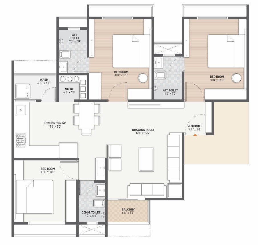 Floor plan of 3 BHK 854 Sq. Ft. Apartment in Vraj Sapphire, Ahmedabad