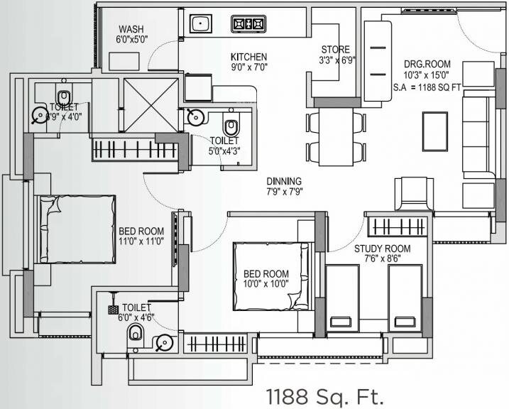 Floor plan of 2 BHK 1188 Sq. Ft. Apartment in Yash Arian, Ahmedabad