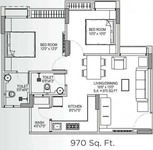 2 BHK 970 Sq. Ft. Apartment in Yash Arian