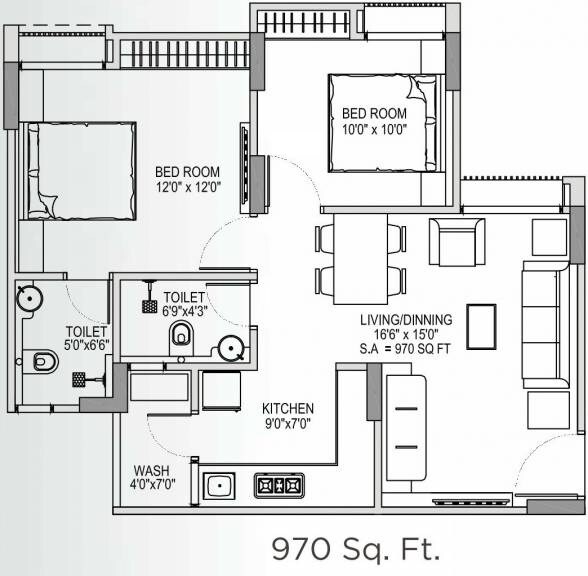 Floor plan of 2 BHK 970 Sq. Ft. Apartment in Yash Arian, Ahmedabad