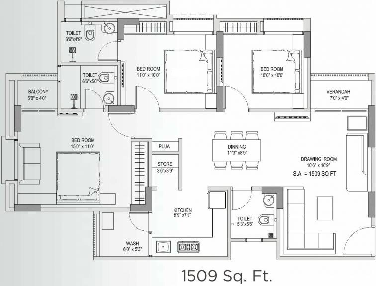 Floor plan of 3 BHK 1509 Sq. Ft. Apartment in Yash Arian, Ahmedabad