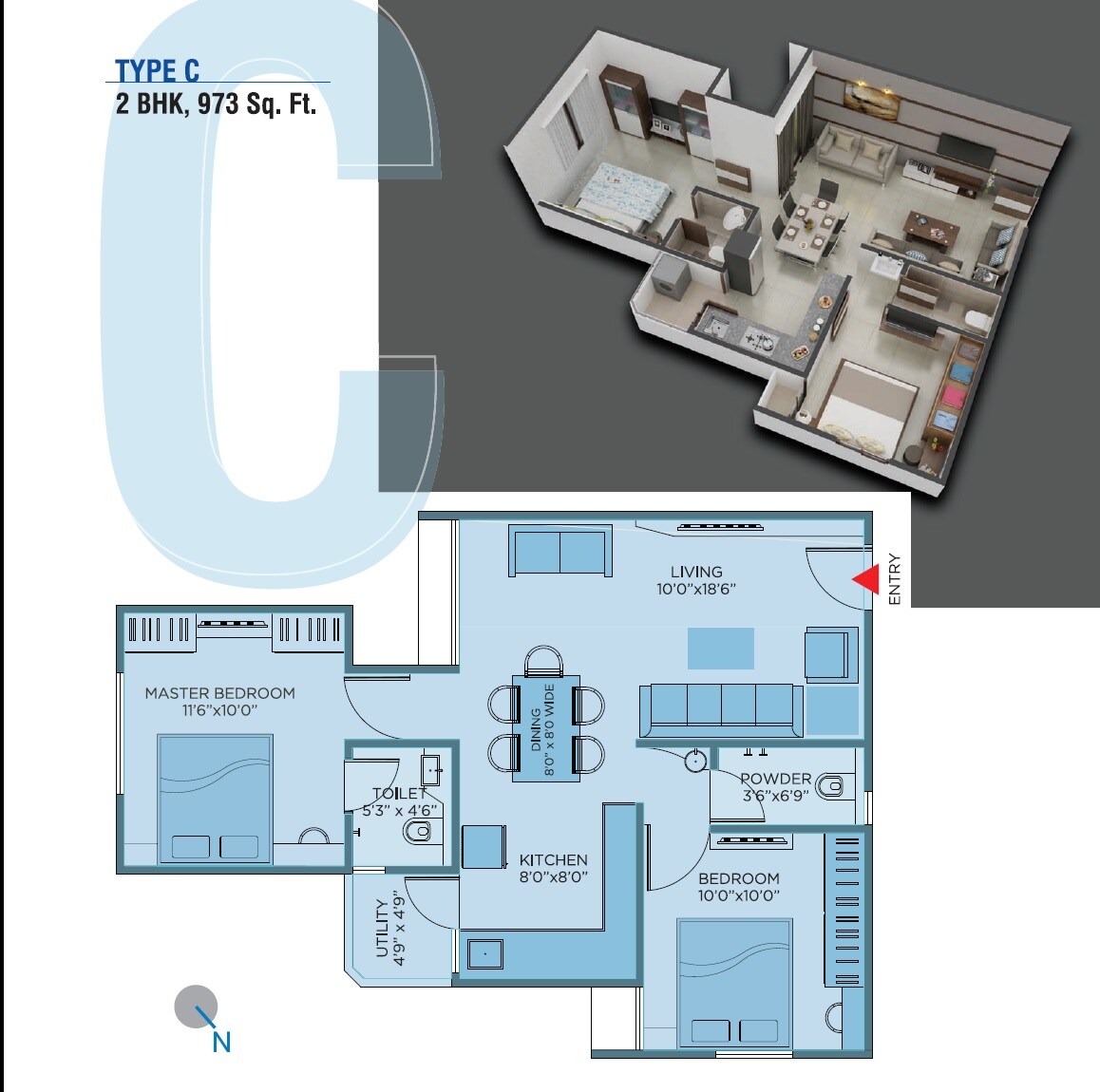 Floor plan of 2 BHK 973 Sq. Ft. Apartment in Yash Pinnacle, Ahmedabad