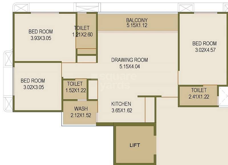Floor plan of 3 BHK 698 Sq. Ft. Apartment in Yug Vincitore Rivera, Ahmedabad
