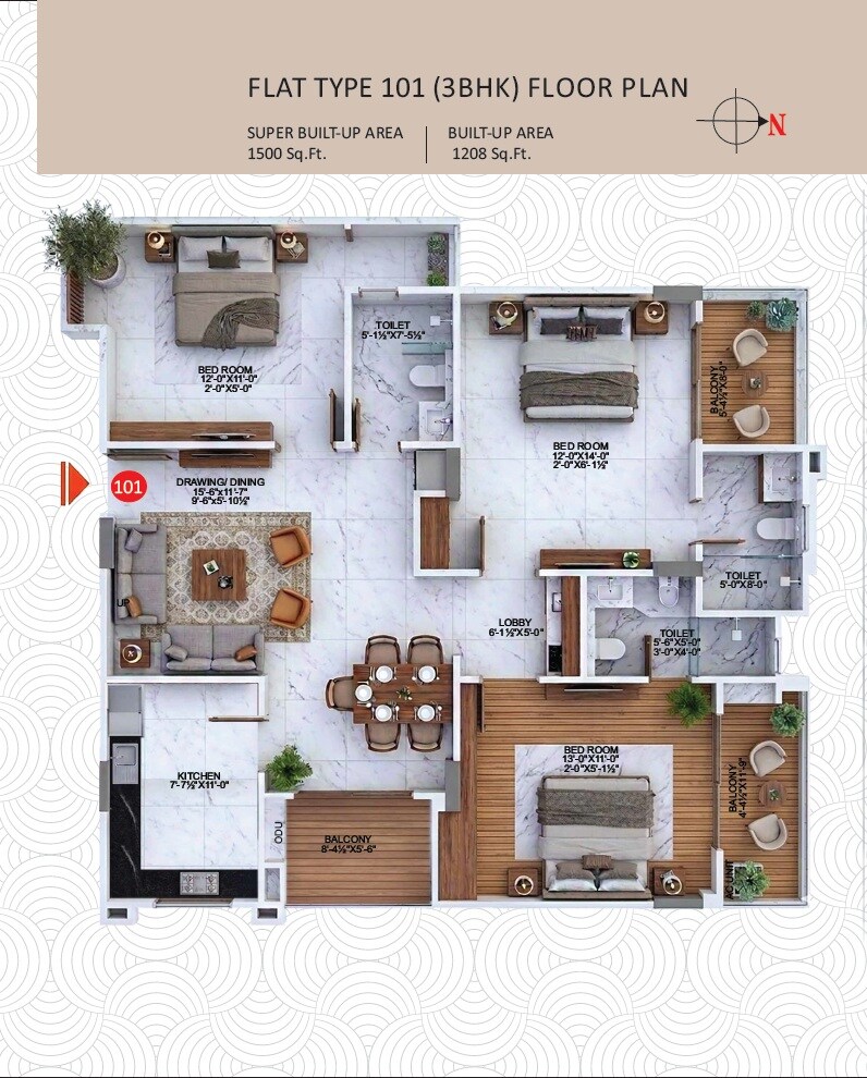 3 BHK 1500 Sq. Ft. Apartment
