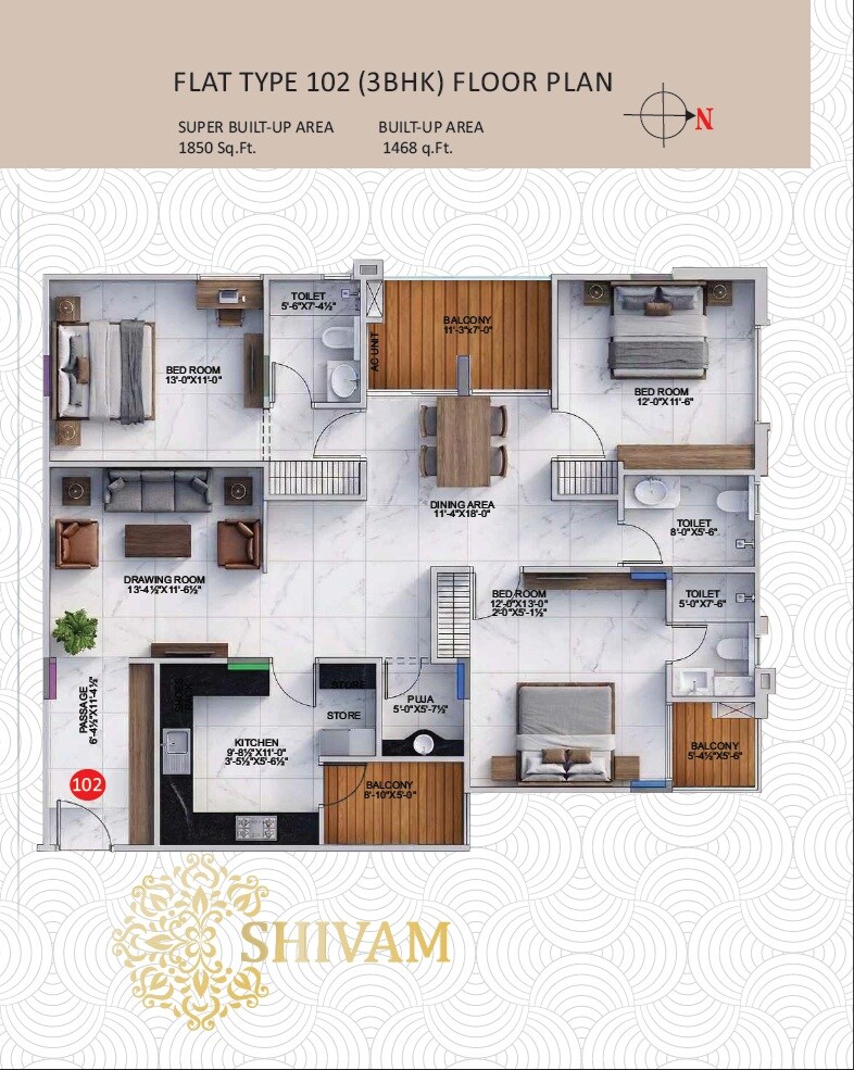 Floor plan of 3 BHK 1850 Sq. Ft. Apartment in Sunderam Shivam, Ajmer