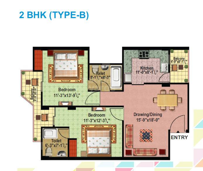 Floor plan of 2 BHK 1135 Sq. Ft. Apartment in Citizen Neo Heights, Allahabad