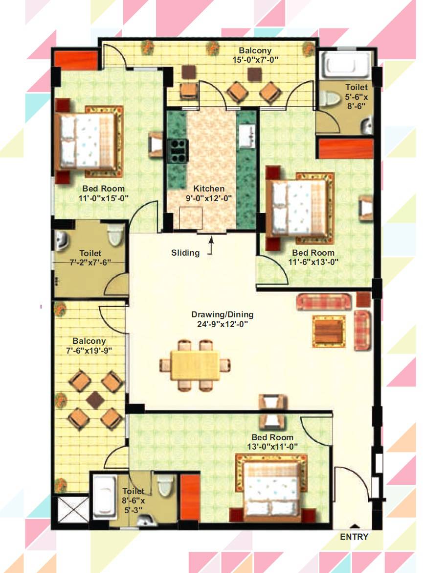 Floor plan of 3 BHK 1780 Sq. Ft. Apartment in Citizen Neo Heights, Allahabad