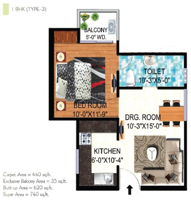 1 BHK 740 Sq. Ft. Apartment