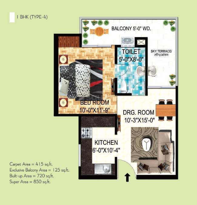 Floor plan of 1 BHK 850 Sq. Ft. Apartment in Citizen Shubhalay, Allahabad