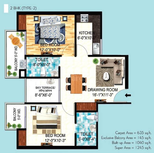 Floor plan of 2 BHK 1245 Sq. Ft. Apartment in Citizen Shubhalay, Allahabad