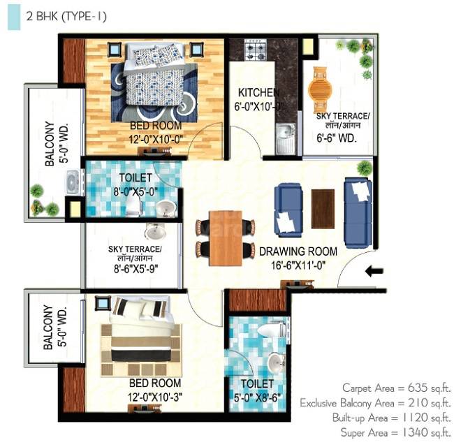 Floor plan of 2 BHK 1340 Sq. Ft. Apartment in Citizen Shubhalay, Allahabad