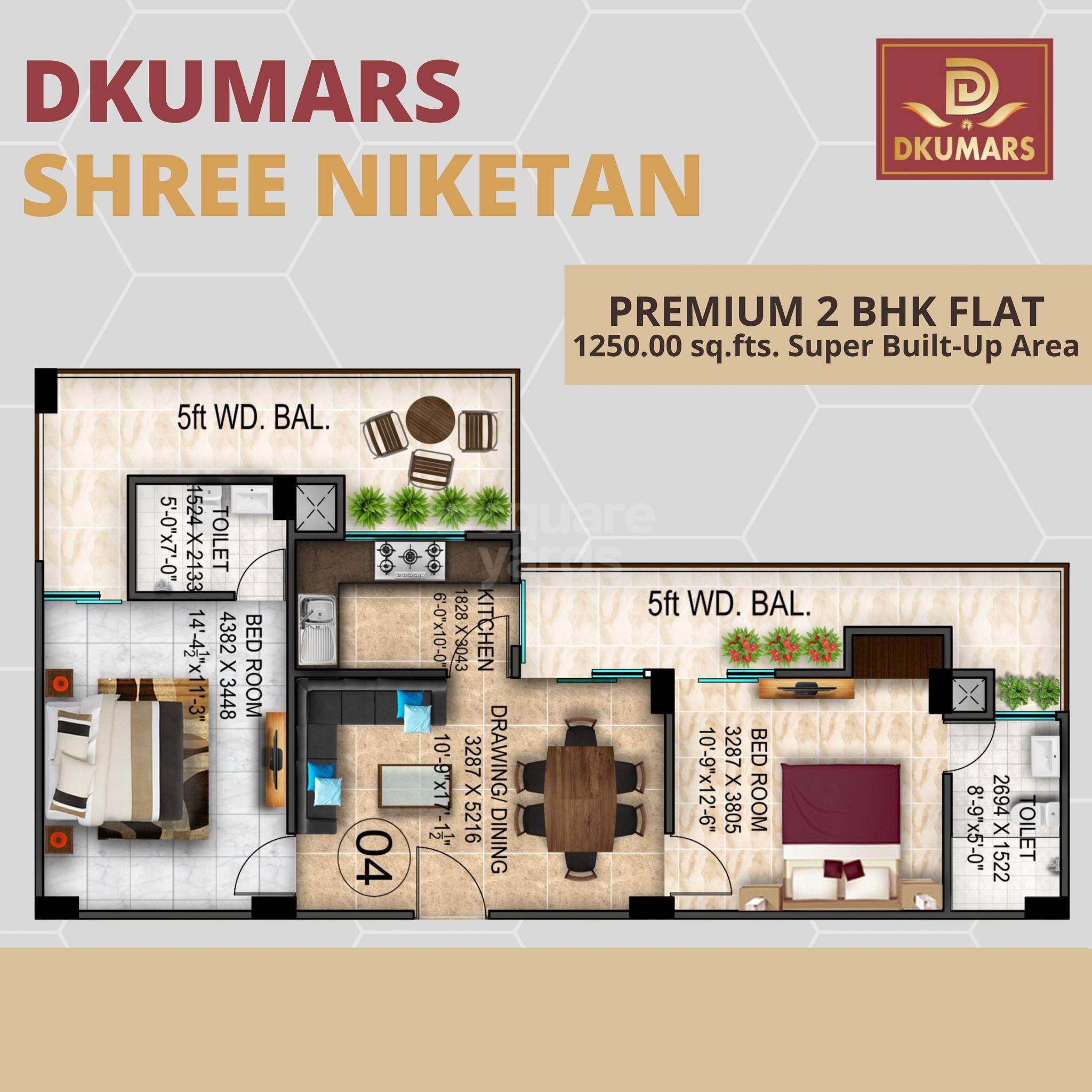 Floor plan of 2 BHK 1250 Sq. Ft. Apartment in D Kumar Shree Niketan, Allahabad